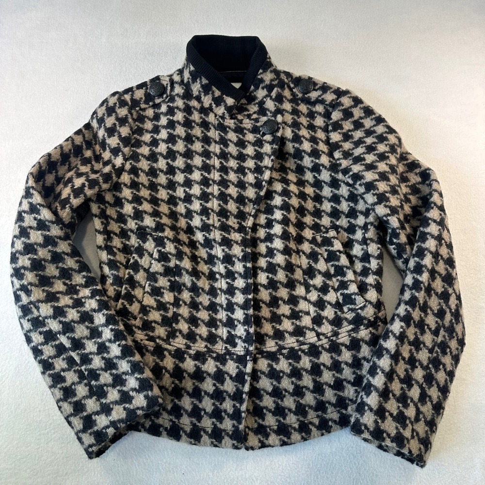 Banana Republic Italian Wool Houndstooth Military Jacket Black Tan Small